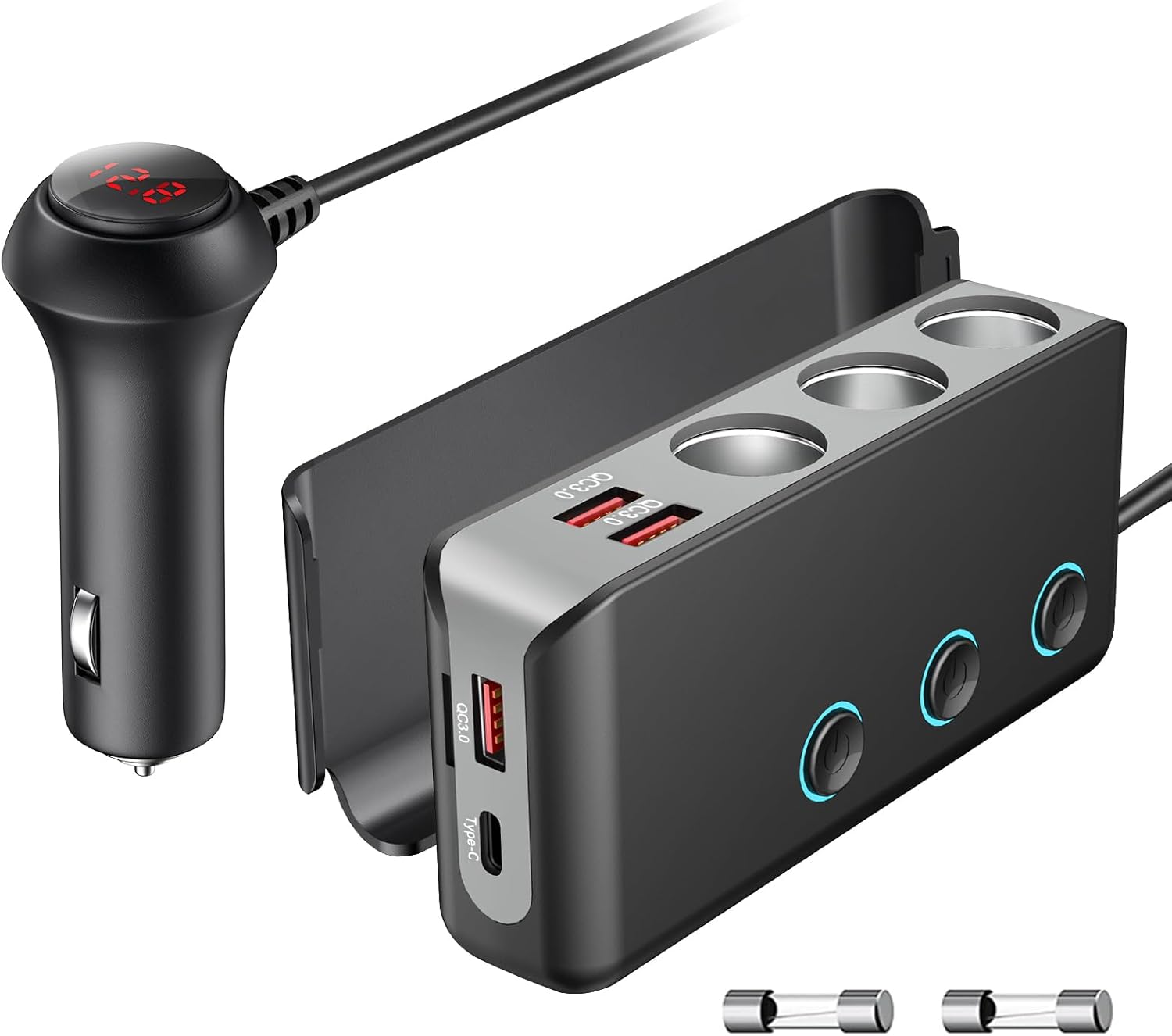 OOWOLF Cigarette Lighter Adapter 140W Cigarette Lighter USB Charger with 12V USB Socket Dual Plug/Port & Extension Lead Fast Charge for all Car Devices