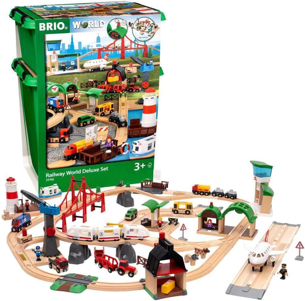 BRIO World Railway World Deluxe Set - 106-Piece FSC-Certified Wood and Accessory Train Set - Works with All Wooden Train Sets - Includes Tracks, Vehicles, Bridge & More - Kids Ages 3 & Up