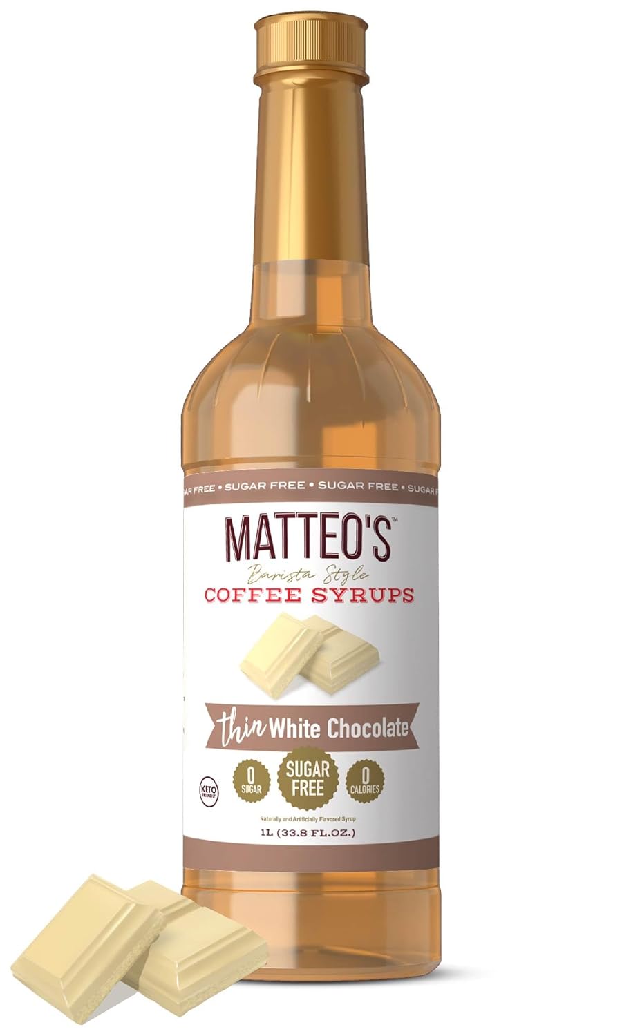 Matteo's Barista Style Sugar-Free Coffee Syrup, White Chocolate Flavor, Zero Calories and Sugar, Keto Friendly, Ideal for Lattes, Cappuccinos, Espresso, Americano, Indulgent Taste 33.8 Oz, 1-Pack