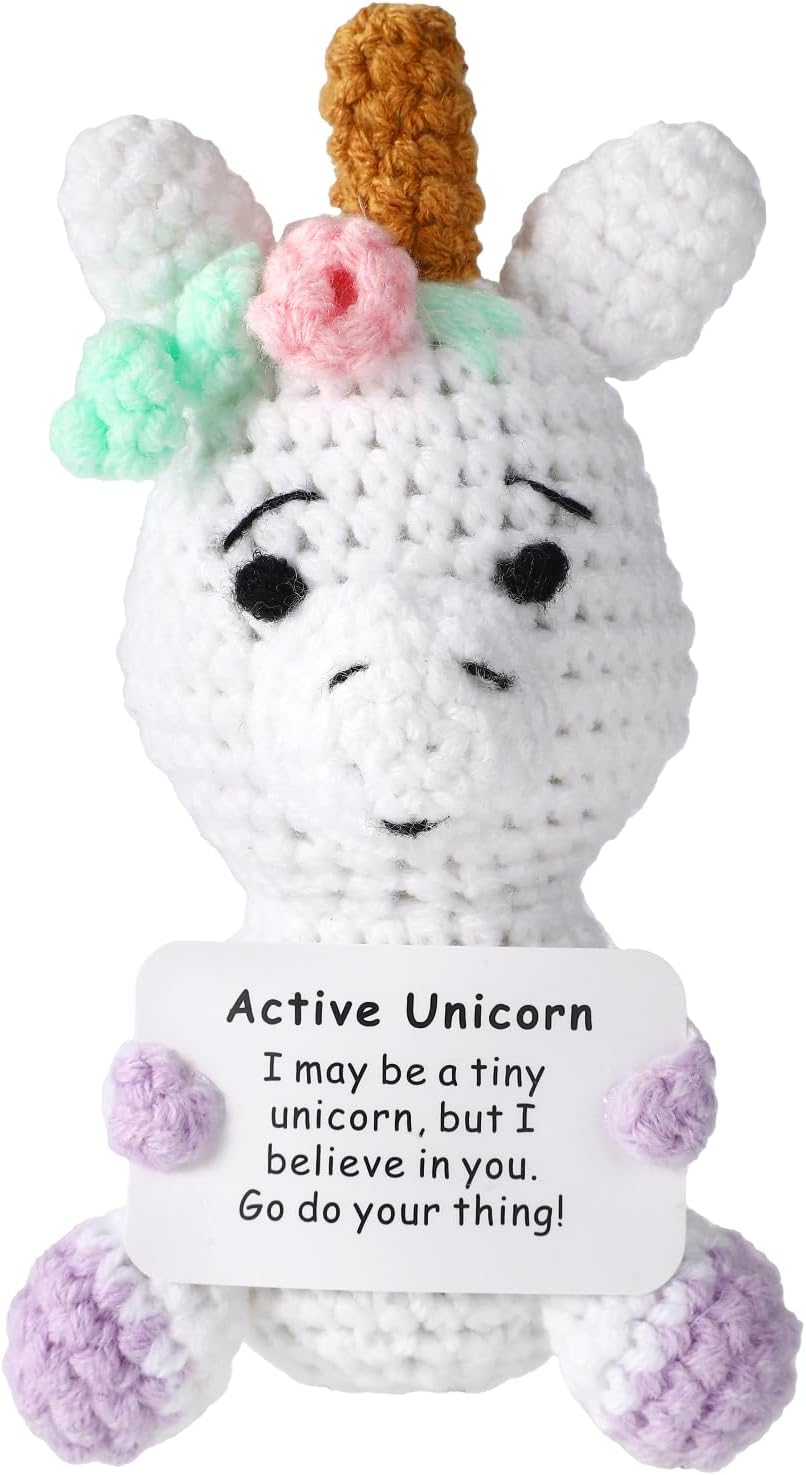 Crochet Unicorn, 5.12in Handmade Unicorn Positive Support Doll Cute Encouragement Knitted Animal with Inspirational Card Motivational Encouragement Gift Decoration Plush Plushies Toy Gifts