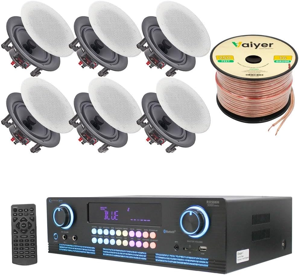 Home Theater System Kit 2000 Watts Bluetooth Amplifier with 6 Qty 6.5" 200 Watts in-Wall in-Ceiling Frameless Speakers & 16 Gauge 250 ft. Speaker Wire by Technical Pro