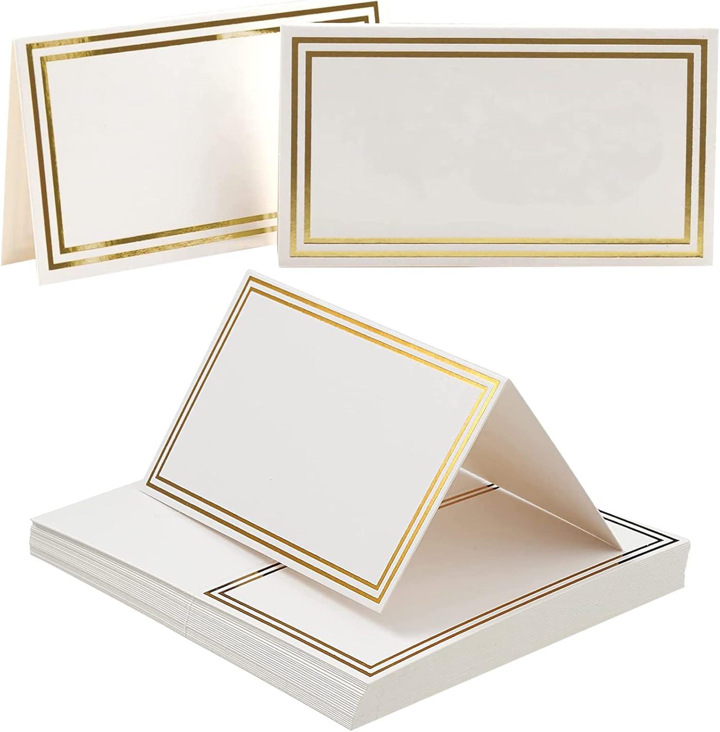 25PCS Table Place Cards,Wedding Name Cards Place Cardswith Double Gold Border forWeddings Greenery Table Seating CardsPaper Tented forTable Setting Wedding Birthday Dinner Party(White)