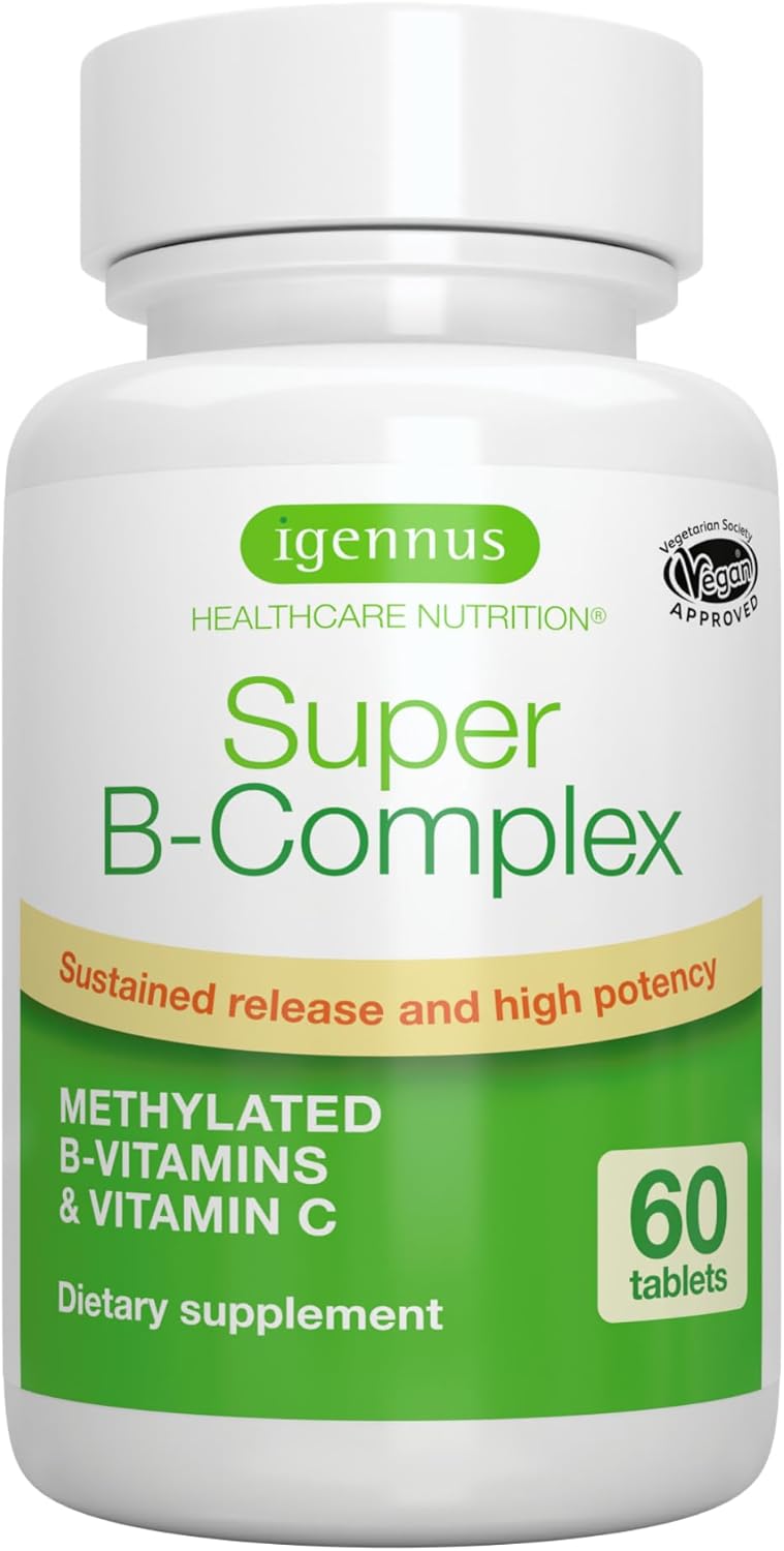 Igennus Super B-Complex Methylated B-Vitamins, Sustained Release, Clean Label, High Strength, with Methylfolate & B12 Methylcobalamin, Vegan, Lab Verified, 60 Small Tablets