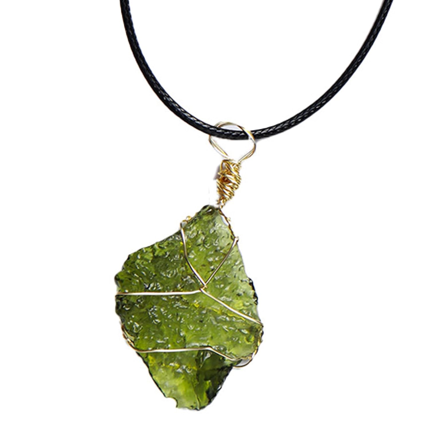 Moldavite Necklace, Exquisite Dark Green Irregular Shape Moldavite Crystal Pendant Necklace with Rope, Rough Crystal Energy Stone