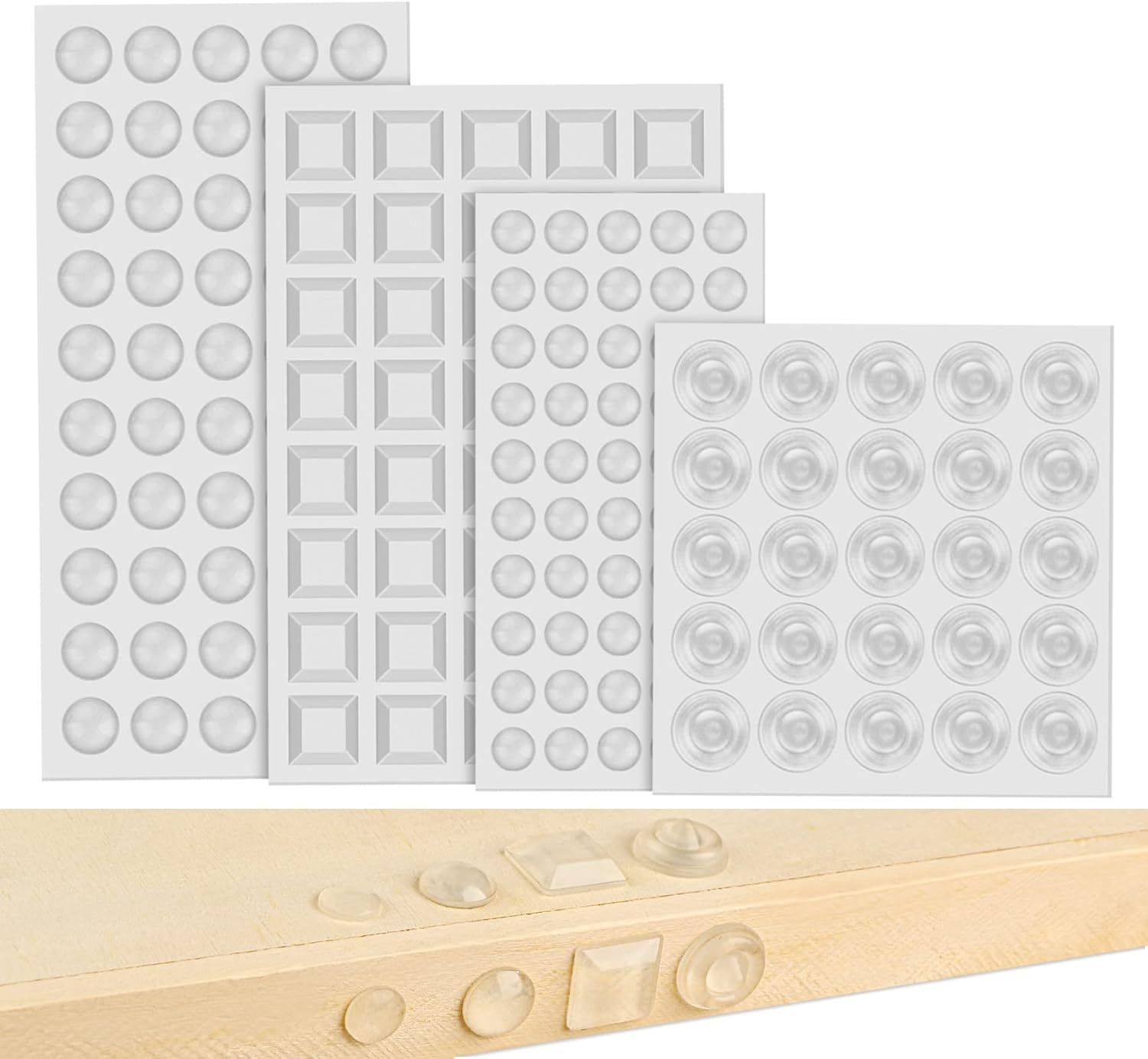 165 Pieces Adhesive Bumper Pads Clear Rubber Feet, Clear Furniture Buffer Pads for Cabinet Doors, Drawers, Glass Tops, Cupboard, Picture Frames, Cutting Boards(4 Sizes)