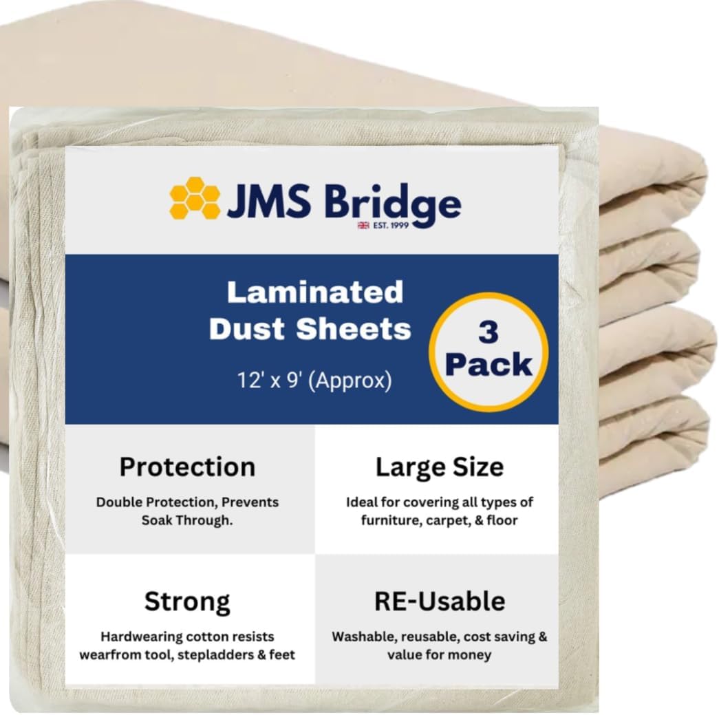 3 x Cotton Dust Sheets for Decorating, Painting, Furniture | 12ft x 9ft | Laminated Dust Sheet with Cotton Backed with Plastic Polythene Sheeting Paint Cover Sheet | Drop Cloth | (3xLT129)