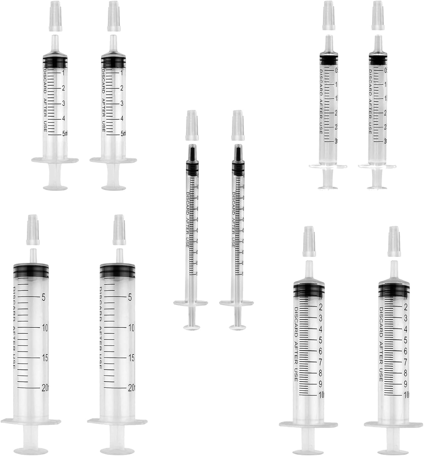 Plastic Syringe Set - 10pcs No Needle Feeding Syringes with Caps, 1ml 3ml 5ml 10ml 20ml Each 2 Syringe for Measuring Liquids, Feeding Pets, and Scientific Labs Experiment