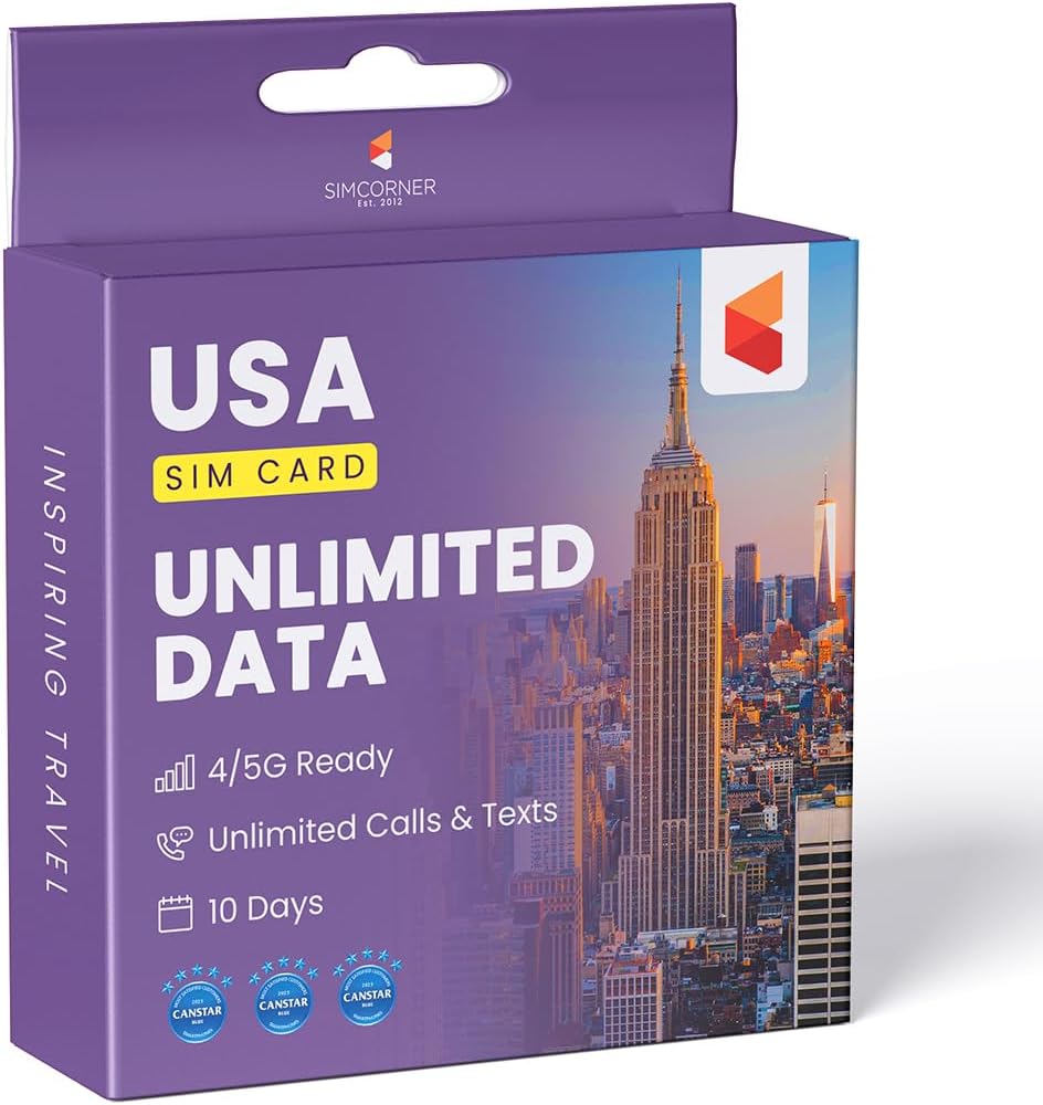 SimCorner USA Travel SIM Card (5G/4G Data, 10 Days) - 3-in-1 SIM: Standard, Micro, Nano - Unlimited Calls & SMS to US, Hawaii Mobiles & Landlines - Prepaid Data SIM for Unlocked Phones