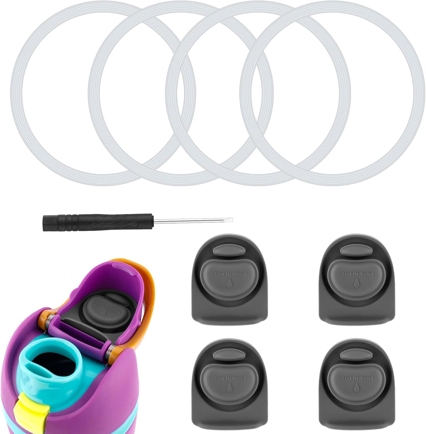 4pcs Replacement Stoppers with 4pcs Bottle Seal Rings for Owala FreeSip 24oz 32oz, BPA-Free Silicone O Ring Water Bottle Top Lid Replacement Parts for 16/19/24/32/40oz Gasket Plug Accessories(Grey)