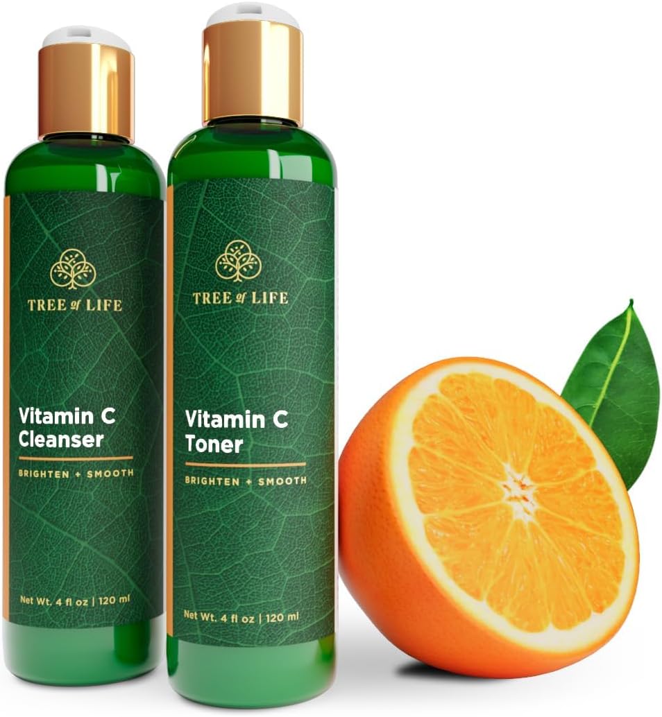 Tree of Life Beauty Vitamin C Brightening Face Care, Minimizing Pores & Facial Cleanser for Gentle Deep Cleaning with Organic Aloe, Clean Dermatologist-Tested Skin Care (Toner & Cleanser 2 X 4 Fl Oz)