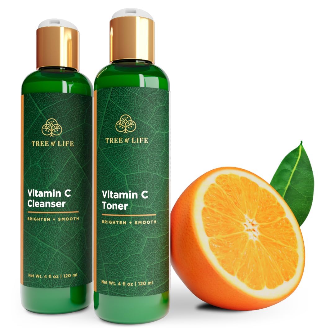 Tree of Life Beauty Vitamin C Brightening Face Care, Minimizing Pores & Facial Cleanser for Gentle Deep Cleaning with Organic Aloe, Clean Dermatologist-Tested Skin Care (Toner & Cleanser 2 X 4 Fl Oz)