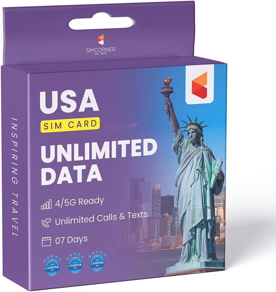 SimCorner USA Travel SIM – 7 Days Unlimited 5G/4G Data | 3-in-1 (Standard/Micro/Nano) | Calls & Texts to US & Hawaii | T-Mobile Prepaid