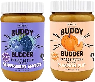 BUDDY BUDDER Bark Bistro Company, Superberry Snoot + Pumpkin Pup, Dog Peanut Butter, Healthy Dog Treats, Peanut Butter Dog Treats, Stuff in Toy, Dog Enrichment- Made in USA (Set of 2 / 17oz Jars)