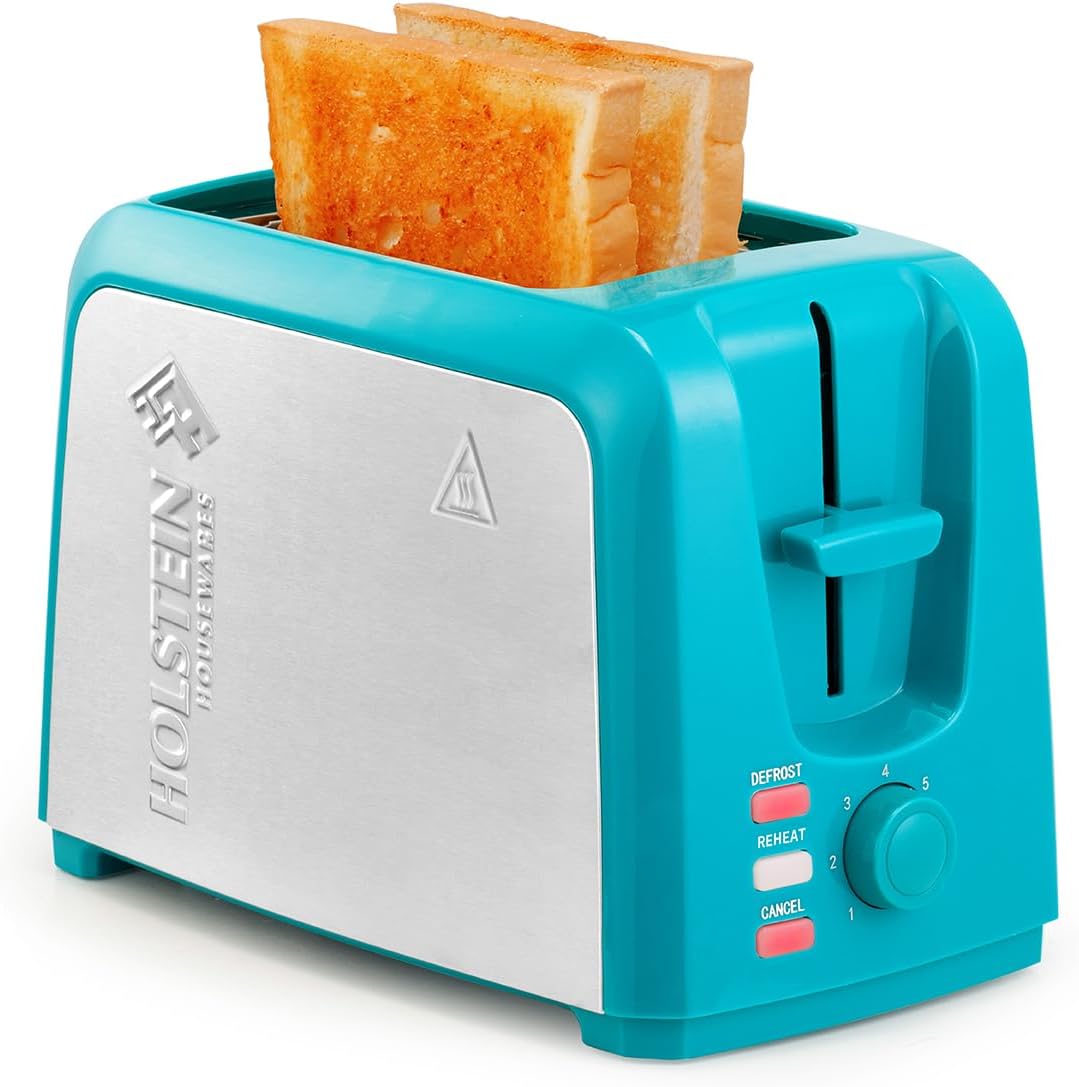 Holstein Housewares - 2-Slice Toaster with 7 Browning Control Settings, Teal/Stainless Steel - Great to Toast Bread, Bagels and Waffles