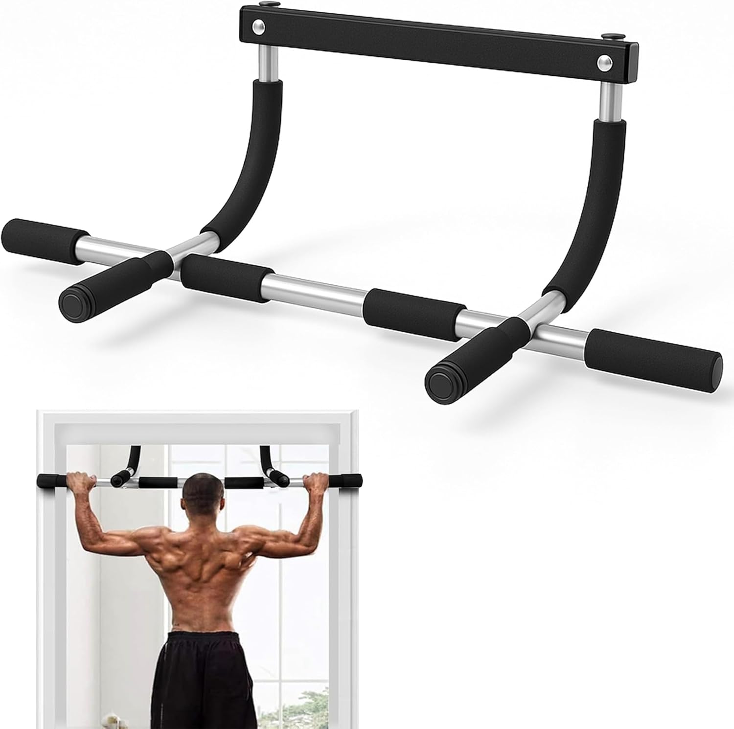ZENO Pull Up Bar | Pull Up Bar for Doorway | Chin Up Bar with Padded Handles | Door Mounted Bar for Pull Ups | No Drilling Required | Black & Grey
