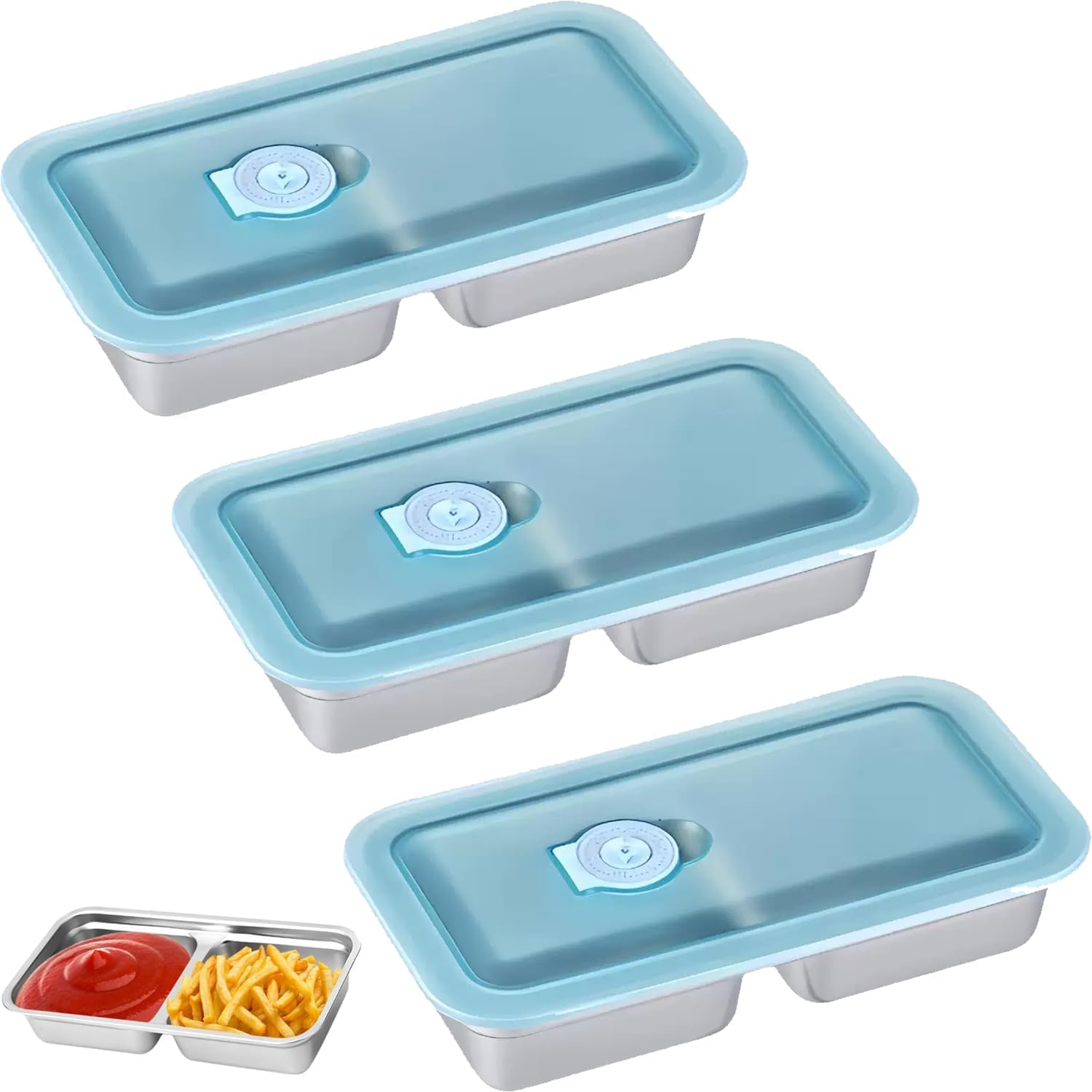 Tangjun Stainless Steel Snack Containers, 3 Pack Grab and Go Snack Containers Reusable, Double Compartment Food Storage Containers with Lids for Travel and Outdoor Camping