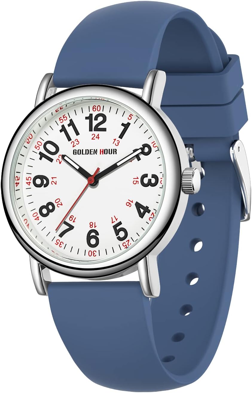 GOLDEN HOUR Waterproof Nurse Watch for Medical Professionals, Students Women Men - Military Time Luminouse Easy Read Dial, 24 Hour with Second Hand, Colorful Silicone Band