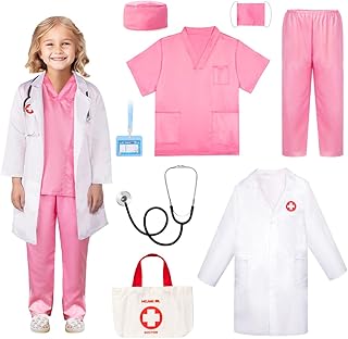 Meland Doctor Costume for Kids - Kids Scrubs with Lab Coat & Carry Bag, Doctor Dress Up for Halloween, Career Day Role Play