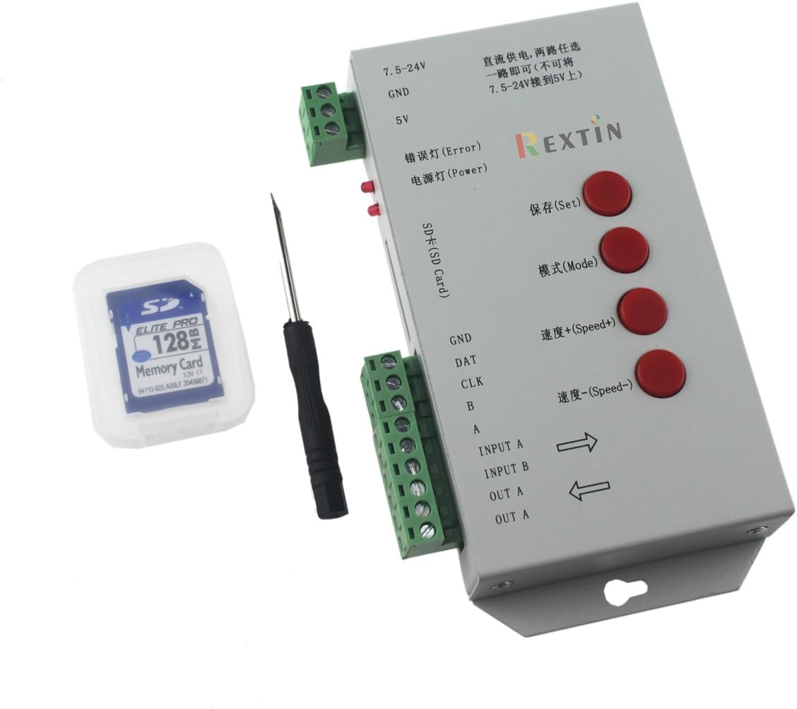 Rextin T1000S LED RGB Full Color Programmable Pixel Controller with SD Card DC5V / DC 7.5 – 24V for WS2811 2801 LPD8806 6803 1903 (Controller)