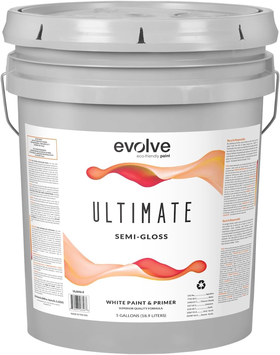 EVOLVE Ultimate Paint & Primer in White for Interior & Exterior House Paint, Semi-Gloss Sheen, 5-Gallon