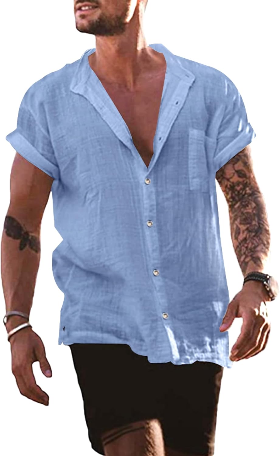 YAOBAOLE Mens Summer Linen Shirts Short Sleeve Casual Beach Grandad Men Shirts