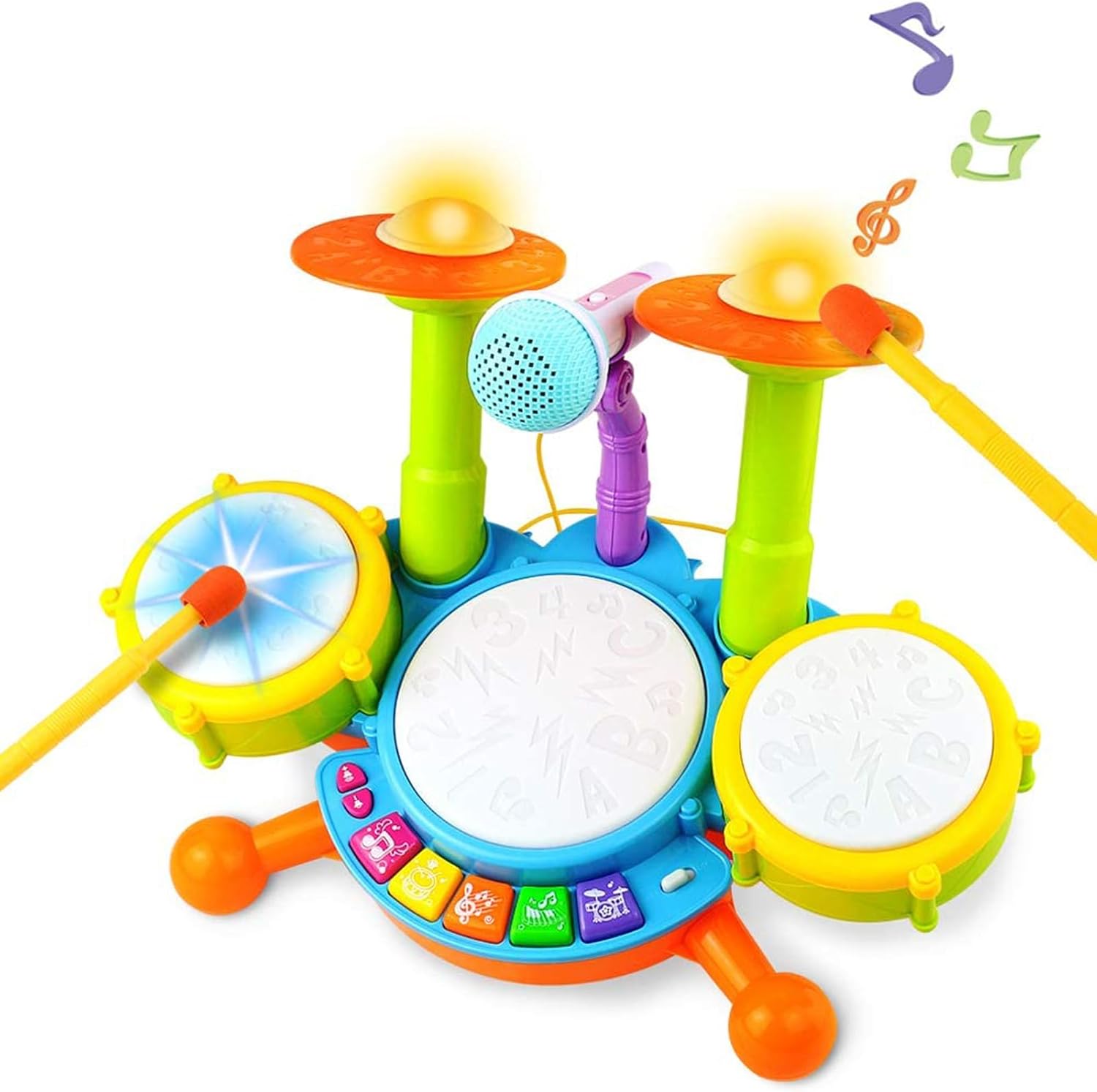 Symiu Kids Drum Kit - Toy for 1-2 Year Old Boys & Girls - Multicolor Rock and Roll Drum Set with Microphone & Light-Up Drums