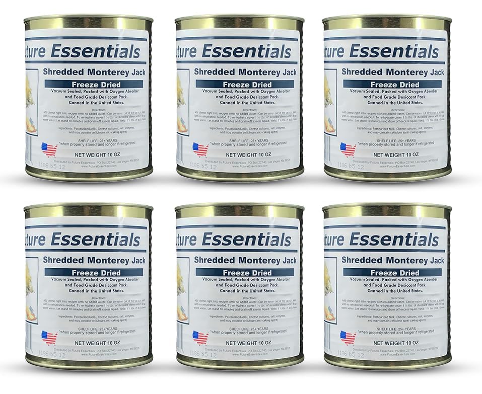 Future Essentials Freeze Dried Shredded Monterey Jack Cheese 6 Cans (#2.5 Can, 10 oz Each) 25+ Year Shelf Life Emergency Survival Food Long Term Storage Camping, Hiking & Backpacking Made in USA