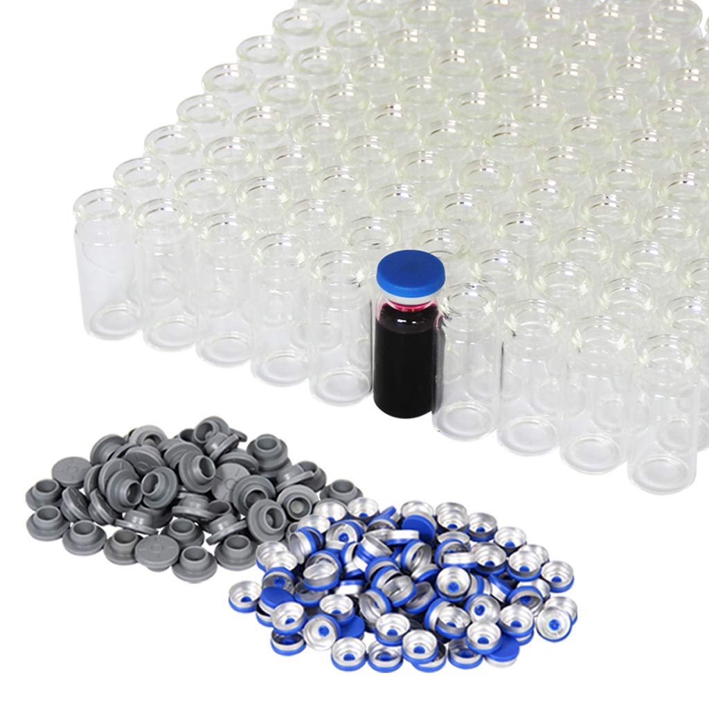 10ml Vials-Clear Glass Headspace Vials with Plastic-Aluminum Flip Off Caps and Rubber Stoppers, 100 Pack, 20mm Flat Bottom Lab Vial