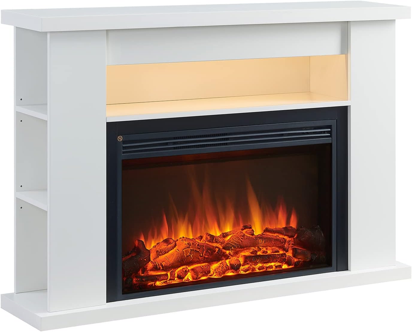FLAMME 51" Lipson Electric Fireplace Suite White Colour with Storage Shelves Includes 2000w Heater with Glass Fronted Flame Effect, Remote Control
