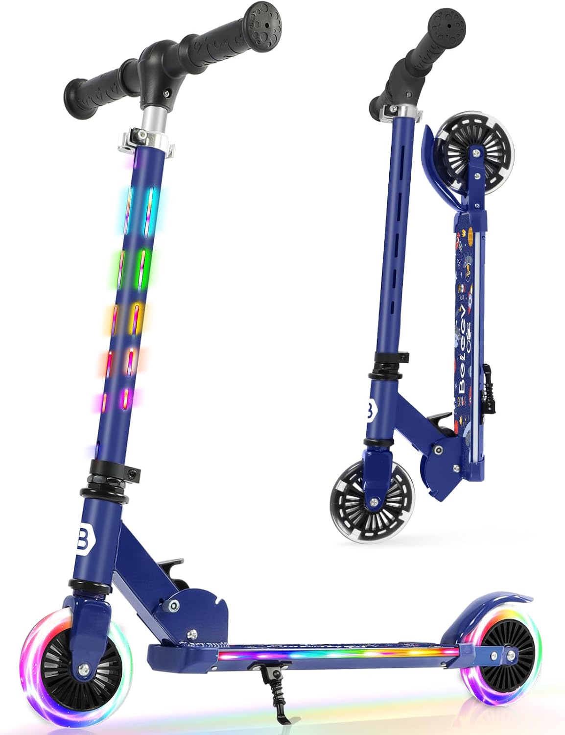 BELEEV V3 Scooter for Kids Ages 3-12, 2 Wheel Folding Scooters for Girl Boys with Light-Up Wheels & Stem & Deck, 4 Adjustable Height, Cartoon Pattern Deck, Lightweight Scooter with Kickstand