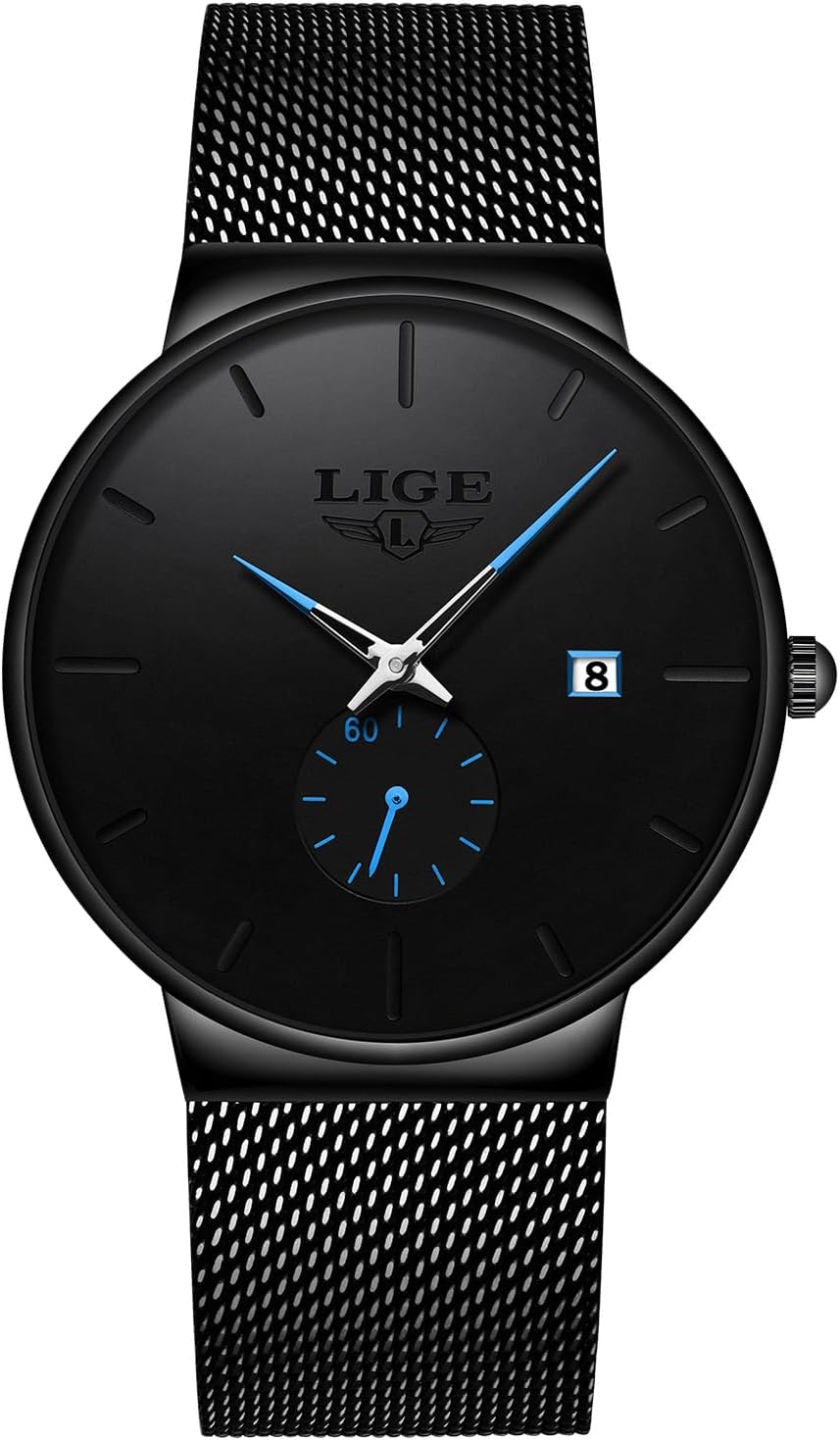 LIGE Men's Watch Ultra-Thin Analog Quartz Waterproof Unisex Watch Fashion Minimalist Black Simple Slim Dress Stainless Steel Mesh Gents Wrist Watches