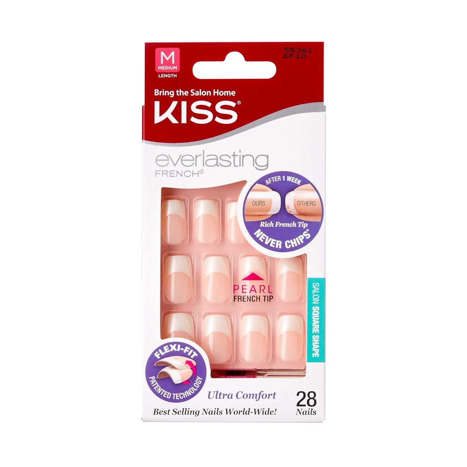 Kiss Everlasting French Nail Manicure, Chip-Free, Flexi-Fit Technology, Real Short, "String of Pearls", Nail Kit with Pink Nail Glue (Net Wt. 2g / 0.07oz), Mini File, Manicure Stick, and 28 Fake Nails