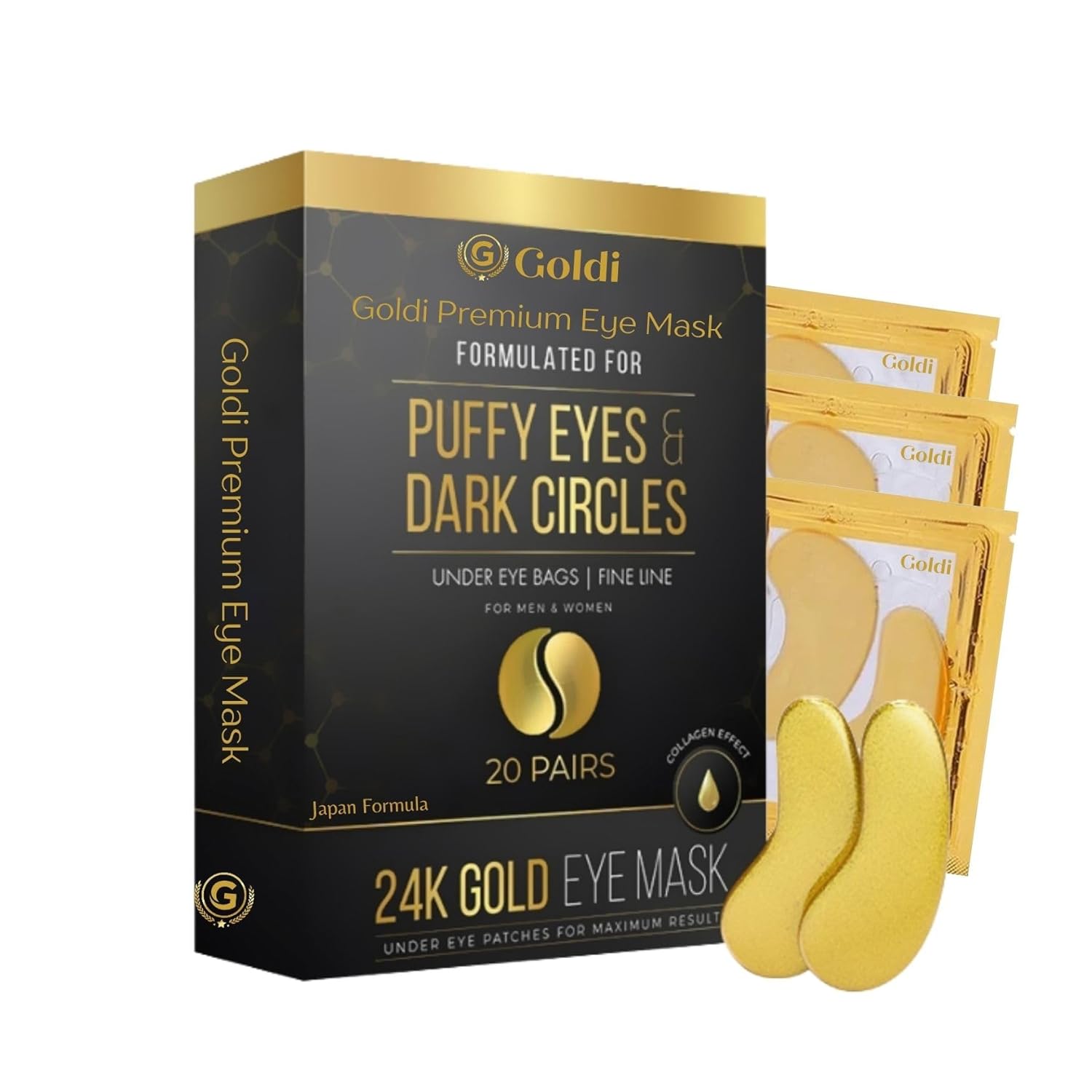 Goldi Premium Eye Mask (20 Pairs) - 24K Gold Eye Mask with Vitamin C & Collagen. For Under eye bags, Fine line, Dark Circles and Puffiness. Beauty & Personal Care (Japan Formula)