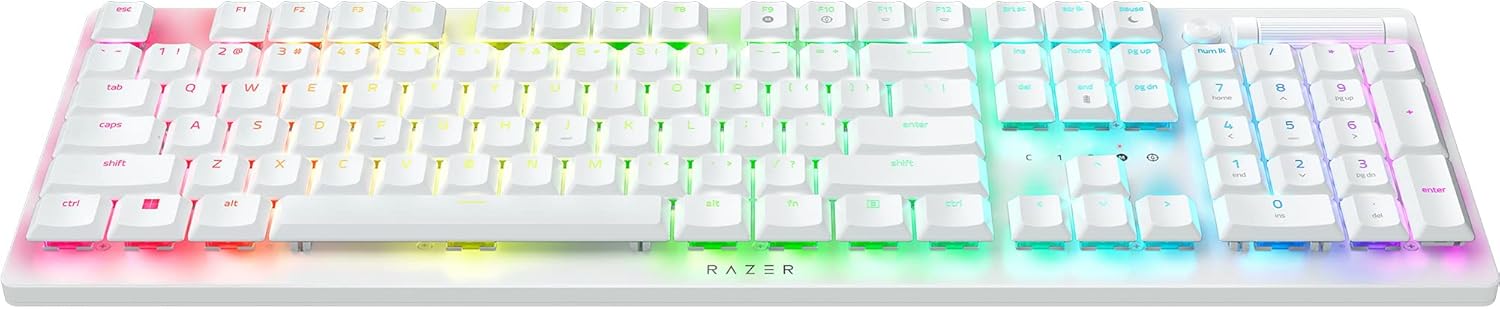 Razer DeathStalker V2 Pro Wireless Gaming Keyboard: Low-Profile Optical Switches - Clicky Purple - HyperSpeed Wireless & Bluetooth 5.0 - Up to 200 Hrs - Ultra-Durable Coated Keycaps - RGB - White