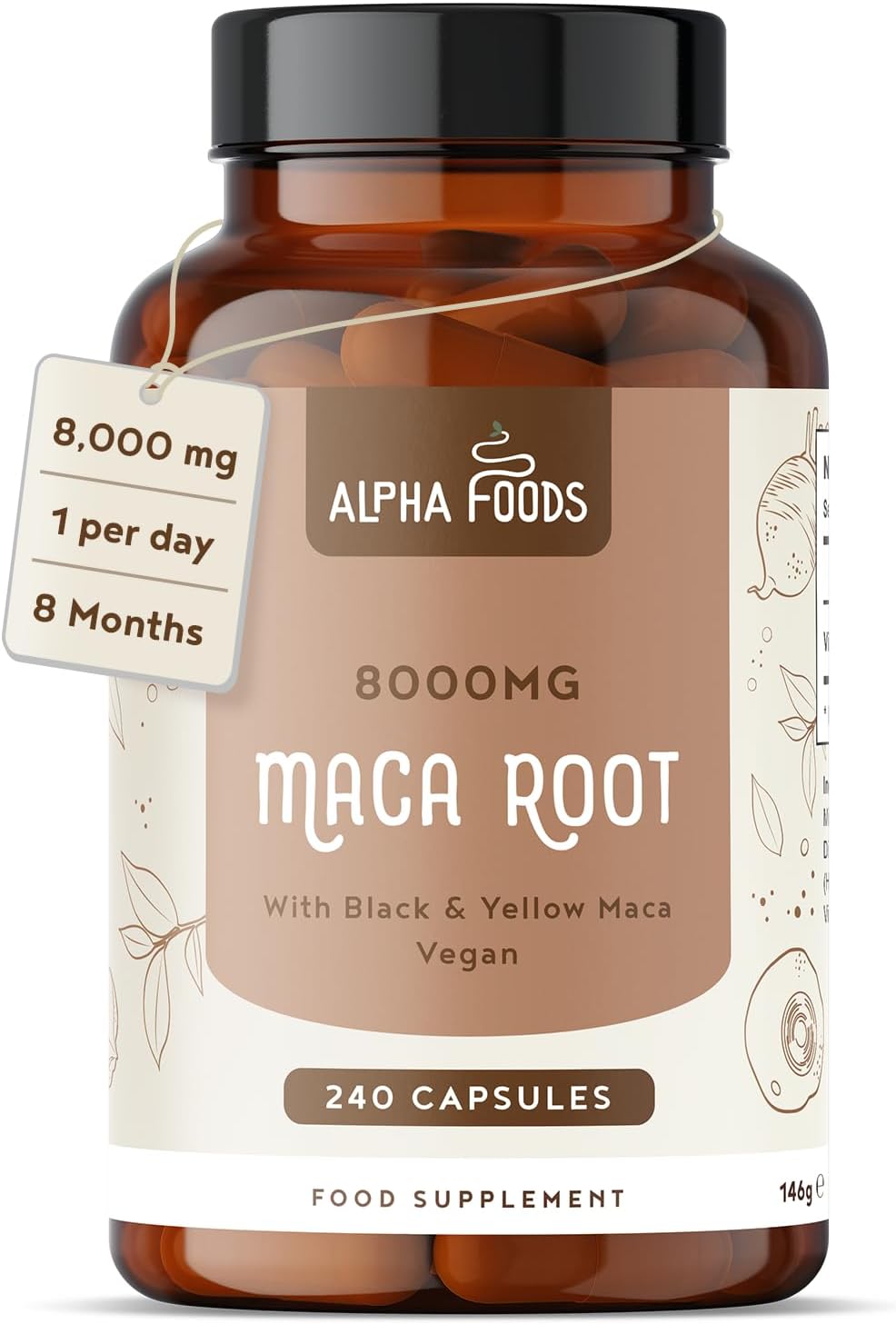 High Strength Maca Root Capsules 8000mg | 240 Vegan Capsules | Peruvian Black & Yellow Maca | for an Active and Balanced Lifestyle | 8-Month Supply | Alpha Foods