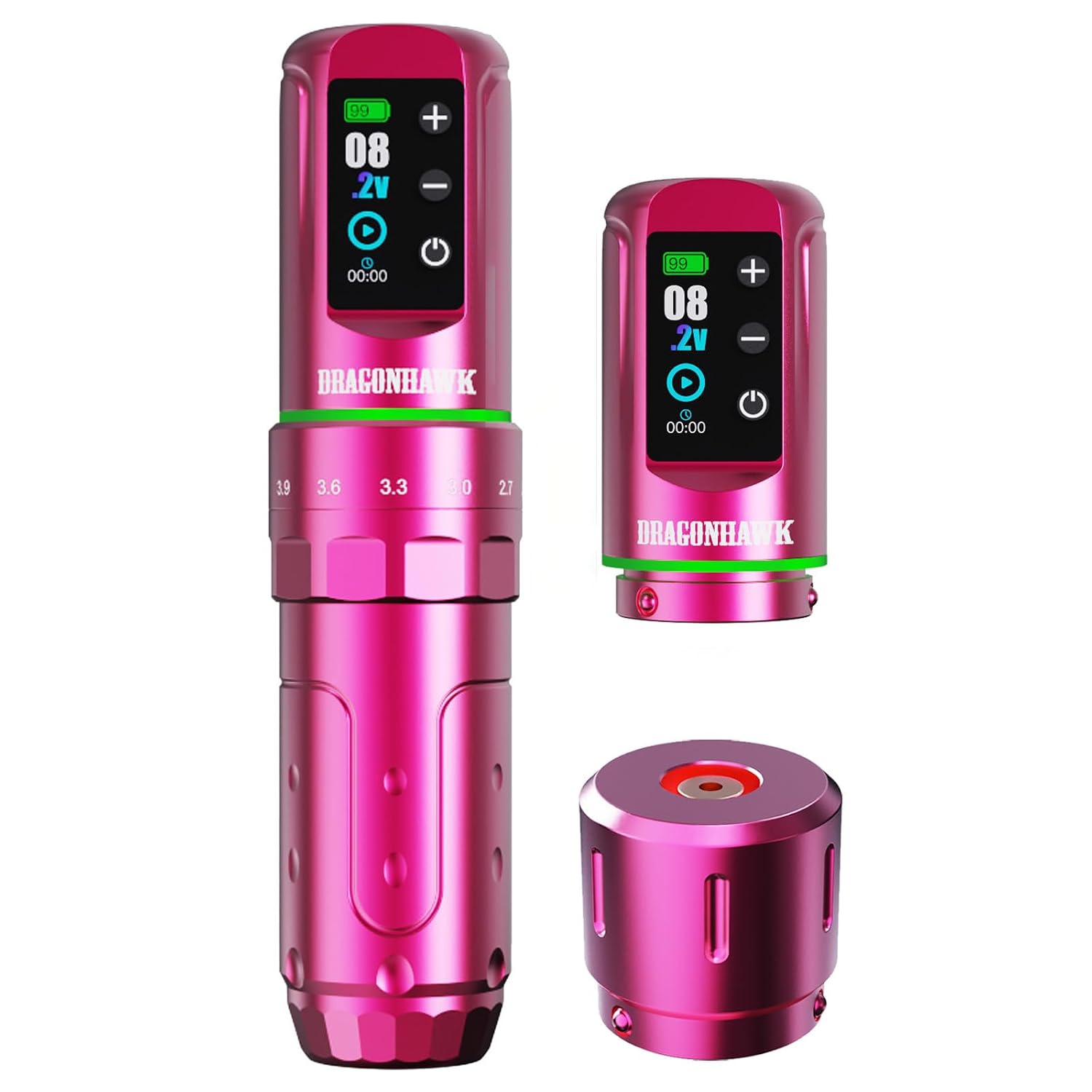 Dragonhawk L3 Pink Wireless Tattoo Pen Machine | Dual 2000mAh Batteries, 7 Strokes 2.4-4.2mm, Mcore Motor, Smart Display, RCA Corded Backup, for Artists