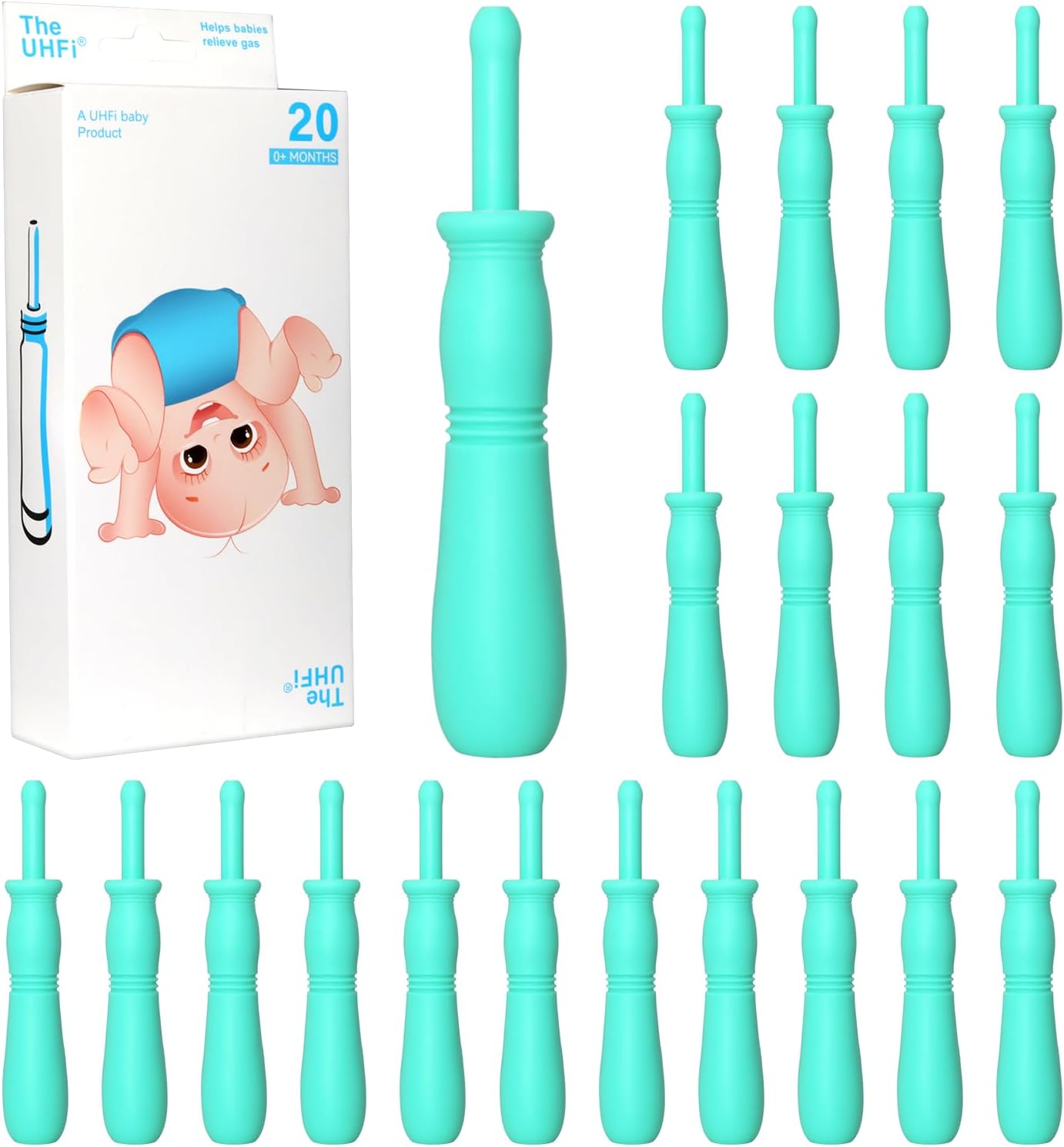 uhfi Gas and Colic Reliever for Babies, 20 Count Natural Solution Effective Instant Constipation Gas Relief for Babies Boys Girls Colic and Gas Relief, Green