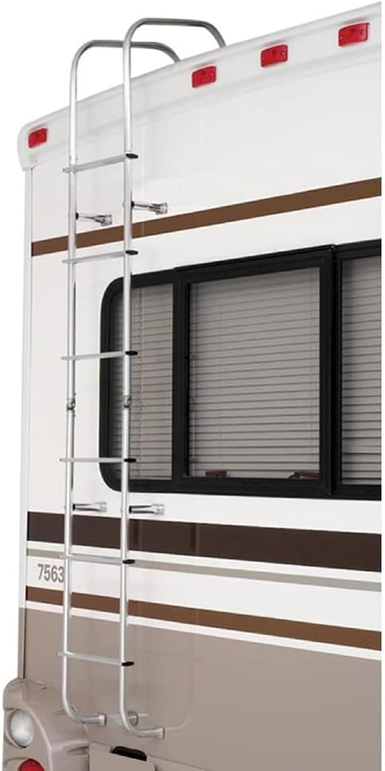 A501L Universal RV/Motorhome Hinged Aluminum Exterior Ladder - Compatible with all RVs Regardless of Make or Model; Brite Dipped Polished Finish