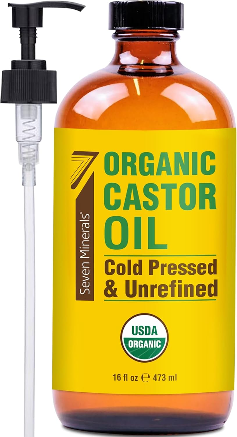 Seven Minerals New 16 fl oz Glass Bottle Castor Oil Organic Cold Pressed Unrefined Glass Bottle Pack - 100% Pure USDA Certified Organic Hexane Free