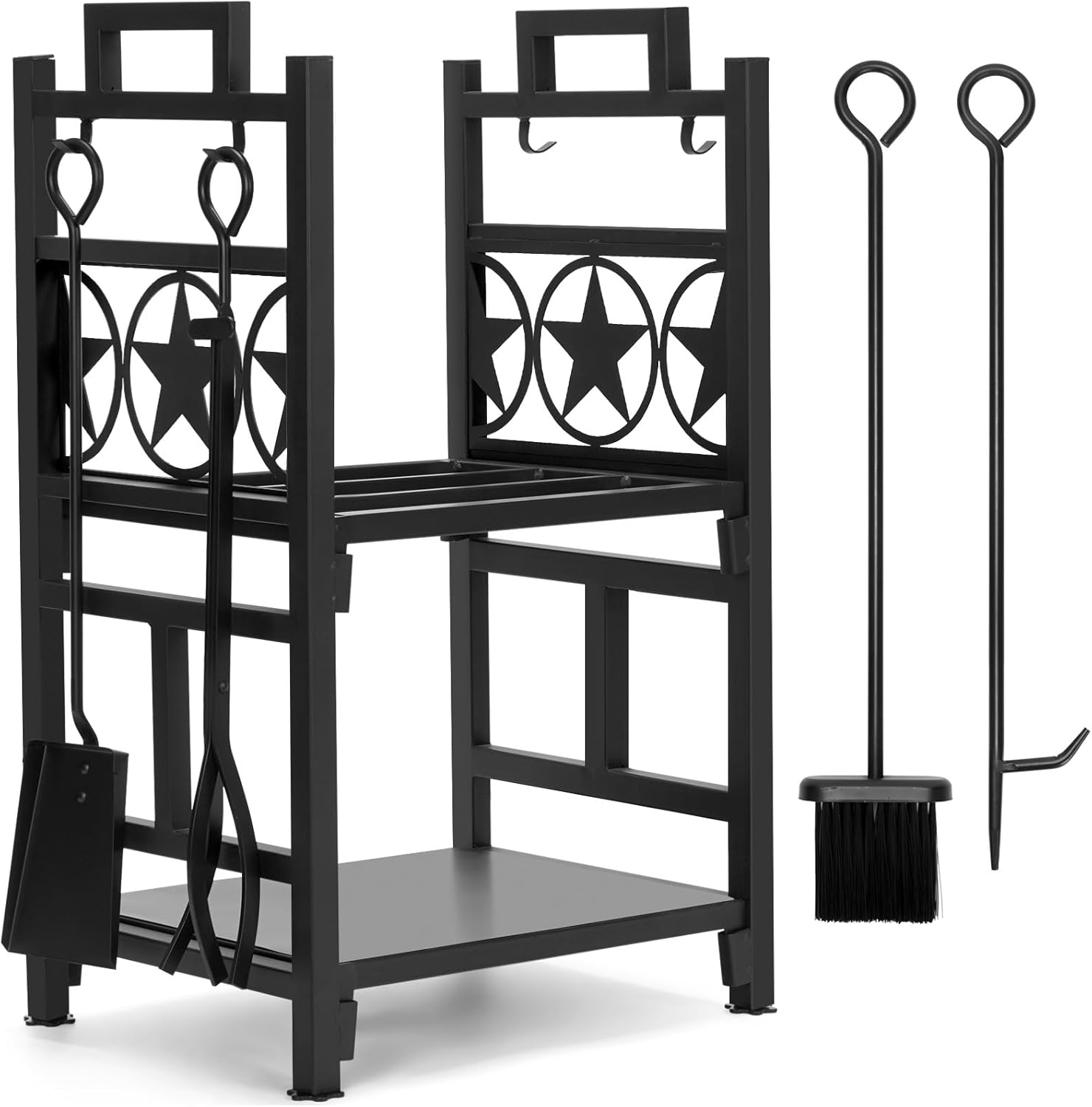 INNO STAGE Firewood Rack Fireplce Firepit Tools Set Double Layer Iron Wood Log Holder for Fire Place Outdoor Indoor Accessories-Brush, Shovel, Tong, Hook