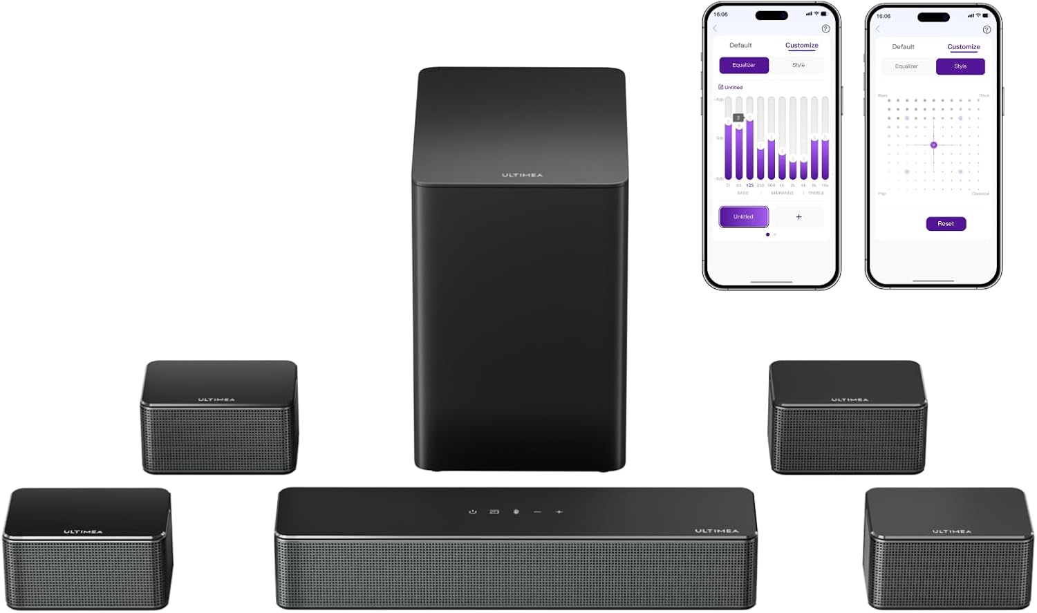 ULTIMEA 7.1 Soundbar for TV, Virtual Surround Sound System Home Cinema with Smart App, Sound Bar for TV with Subwoofer, Peak Power 410W, Home Cinema Sound Systems, 4 Surround Speakers, Poseidon D70