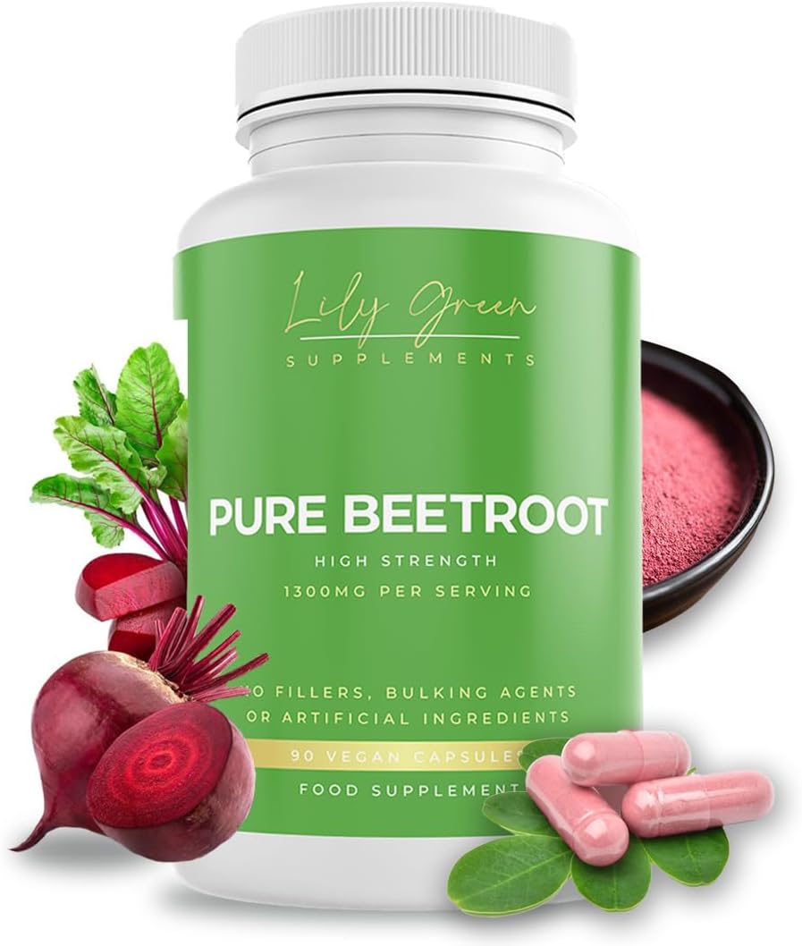 Lily Green Pure Beetroot Capsules | 1300mg Per Serving Beetroot Supplement | Nitric Oxide Boost | Rich in Vitamins & Minerals | Non-GMO, No Artificial Additives | 90 Vegan Capsules | Made in UK