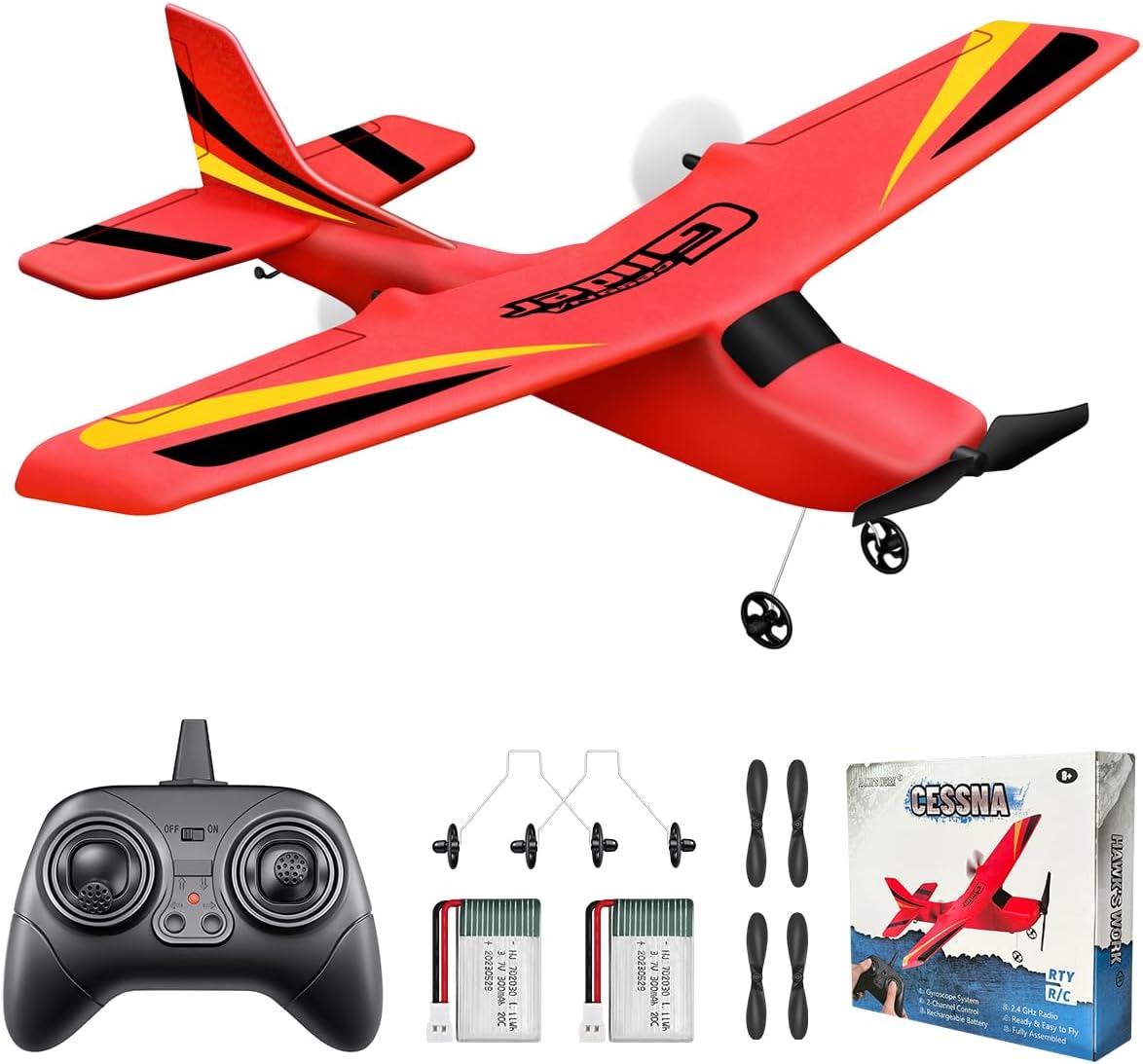 HAWK'S Work 2 CH RC Airplane, RC Plane Ready to Fly, 2.4GHz Remote Control Airplane, Easy to Fly RC Glider for Kids & Beginners (Red)