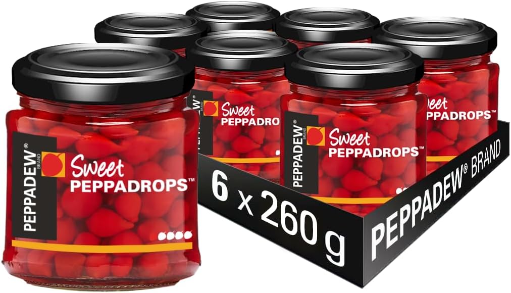 PEPPADEW Peppadrops, Sweet Tangy Peppadew Pepper Peppadrops, Perfect for Topping Salads, Salsa and Pizza, Pack of 6 Jars x 260g
