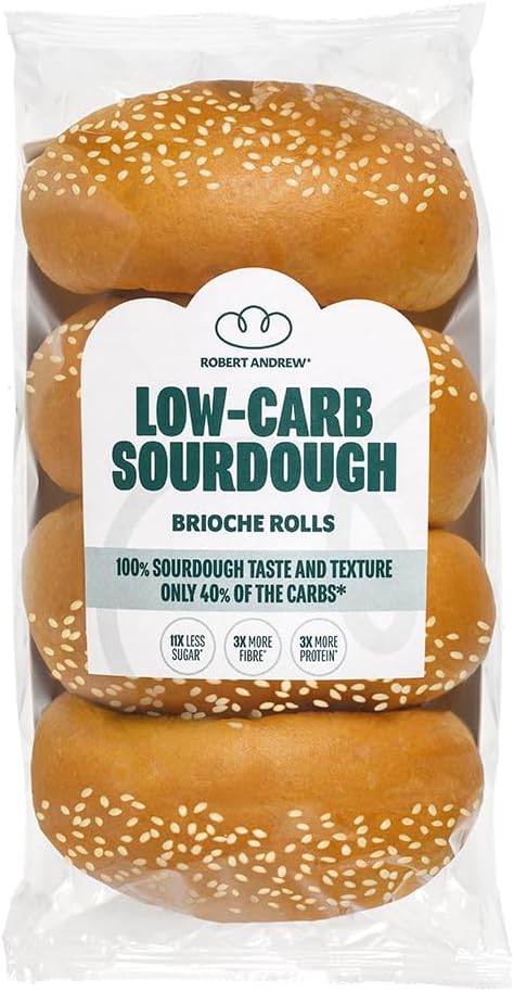 Robert Andrew Low Carb Sourdough Butter Brioche Rolls – 13.7g Carbs, 15.9g Protein, High Protein, Keto Buns, Low Sugar Diabetic Rolls, 189 Calories – 4 x 65g