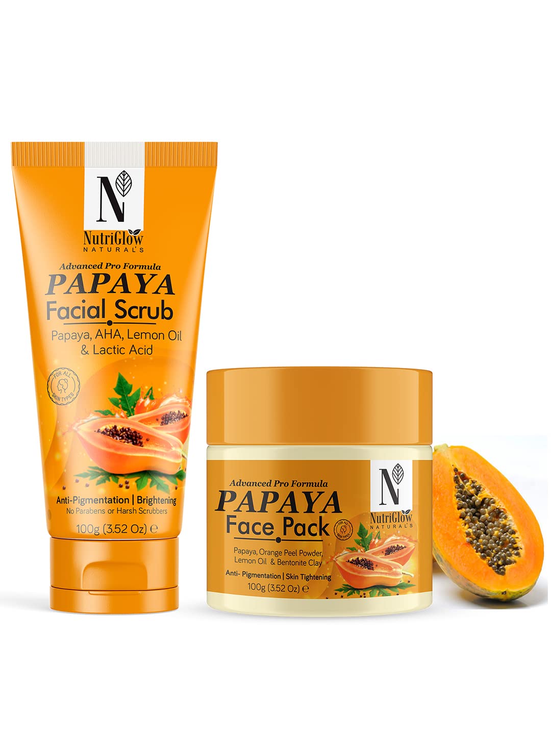 NutriGlow NATURAL'S Papaya Facial Scrub (100gm) & Papaya Face Pack (100gm) for Men & Women