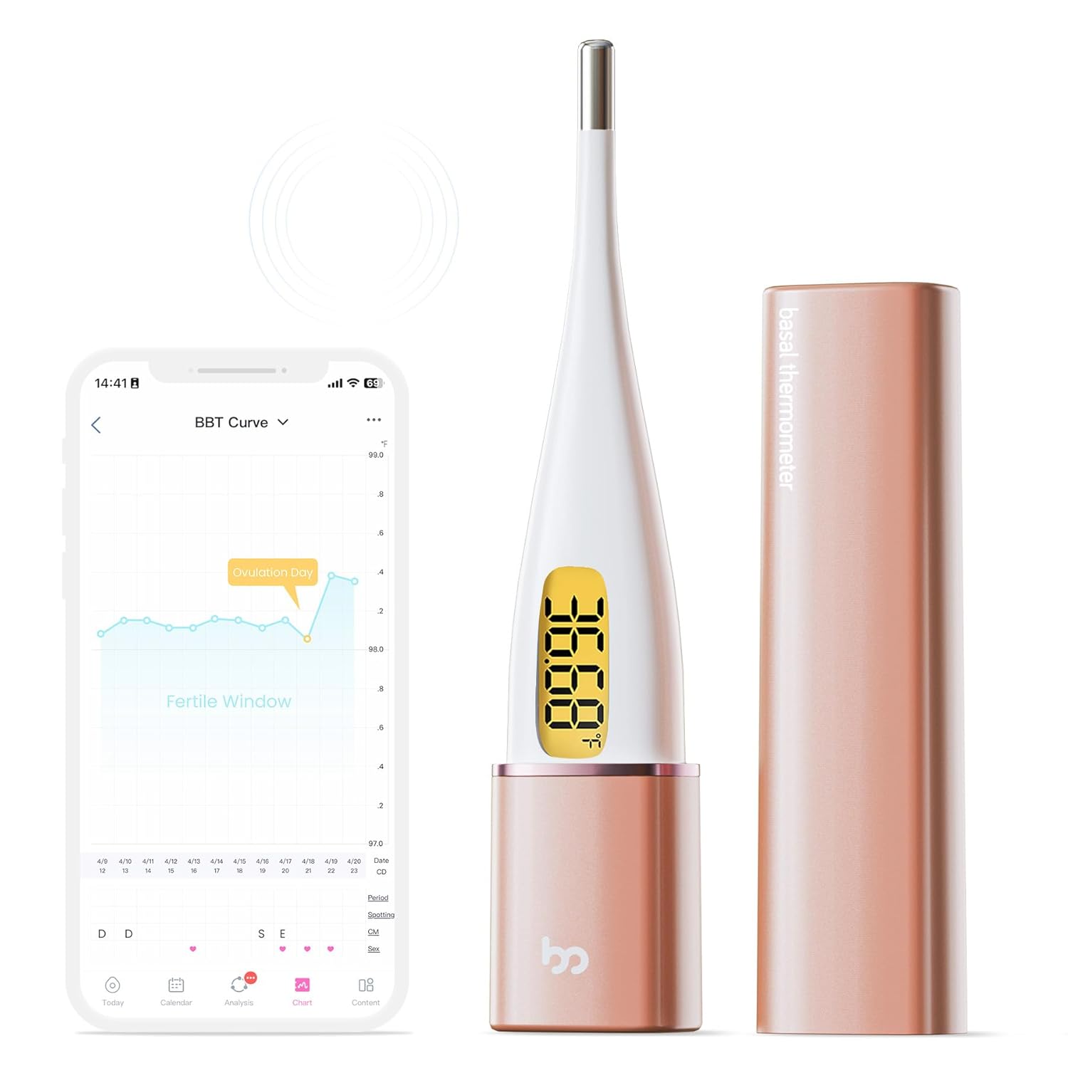 Smart Basal Thermometer, Intelligent BBT Thermometer with Bluetooth and Backlight, Fertility Monitor Period Tracker, Sync with Femometer APP, Gold