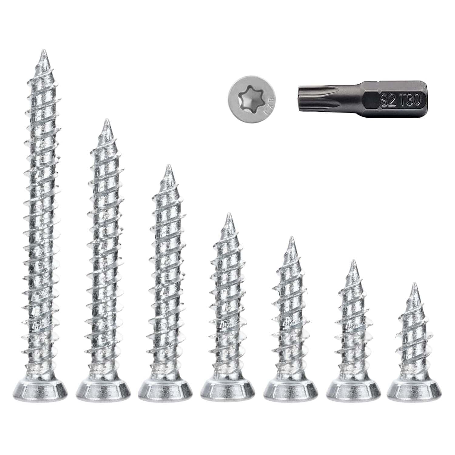 52 Pcs Easy Drive Countersunk Direct Concrete Screws (7.5 x 52/62/72/82/102/122/152mm), Concrete Frame Fixings Included T30 Torx Driver Bit, Anchors Screw for Concrete Post, Masonry, Timber, Window