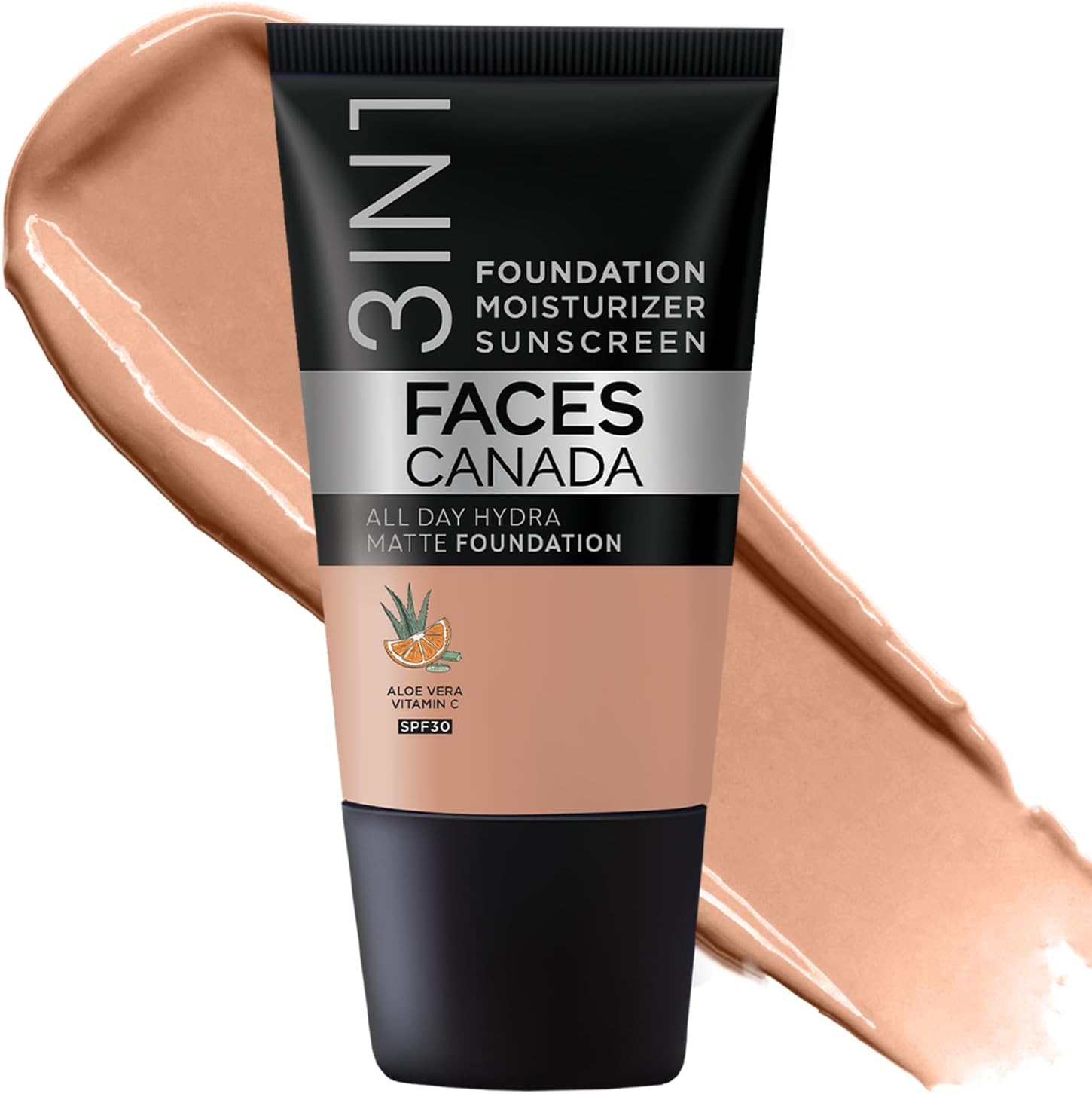 FACES CANADA All Day Hydra Matte Foundation - Mini 3in1 Foundation + Moisturizer + SPF 30 24 HR Aloe Hydration & Vitamin C 10HR Wear Medium to High Buildable Coverage Caramel Natural (18 ml)