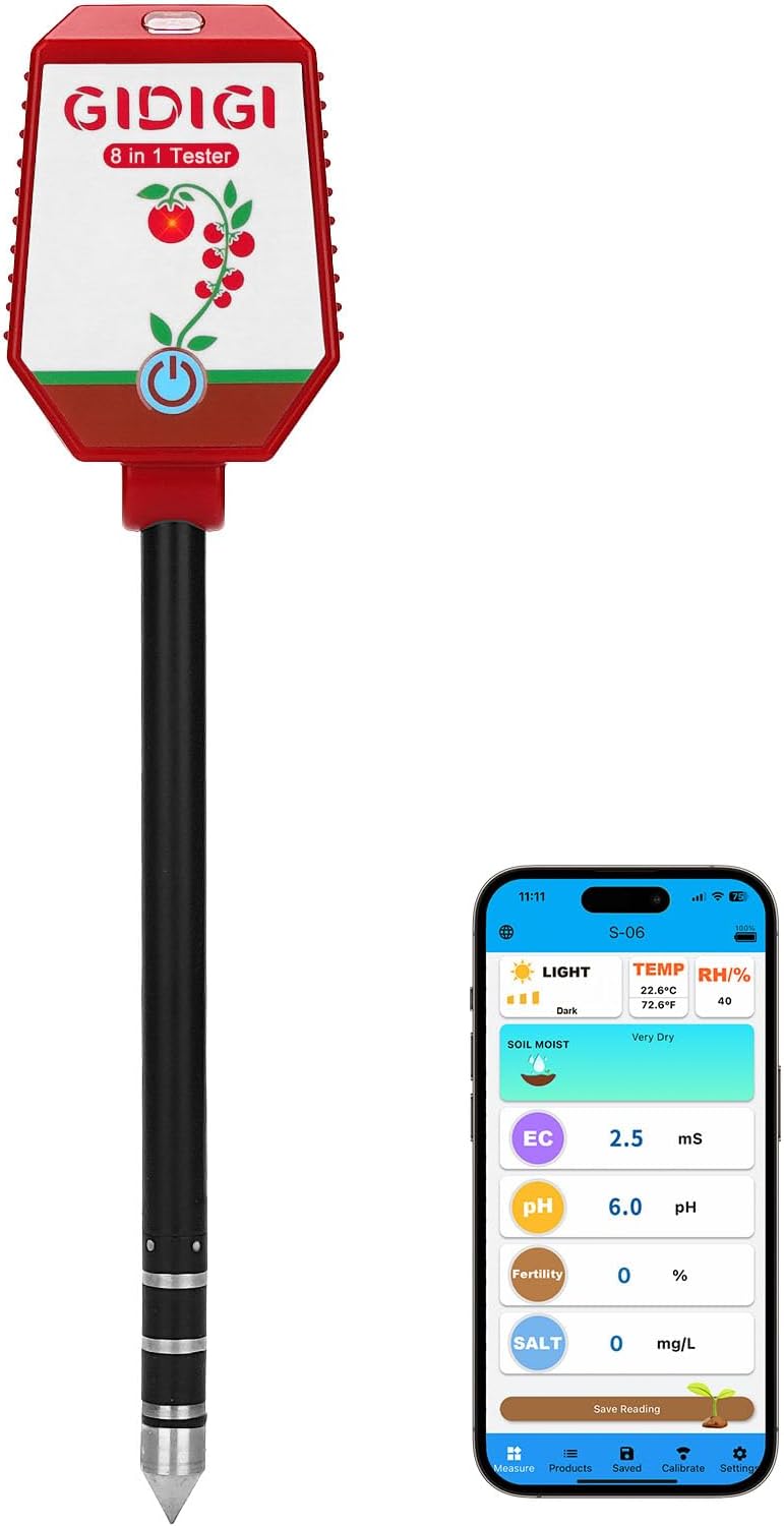 Soil pH Meter Smart Soil Moisture Meter with App Control Digital Soil Test Kit for Plants pH Sunlight Intensity Fertility pH EC Salt Soil Thermometer Humidity Moisture Meter for Garden Lawn Farming